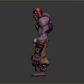 Purple Skinned Fantasy Creature Character With Red Hair Skull Decorations Arm Bracers And Orange Garment