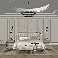 Elegant Bedroom Interior With Tufted Headboard Crystal Chandelier Geometric Wall Patterns And Area Rug