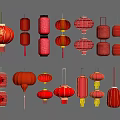 Traditional Red Lanterns With Various Shapes And Decorative Patterns For Festive Decor 3d model