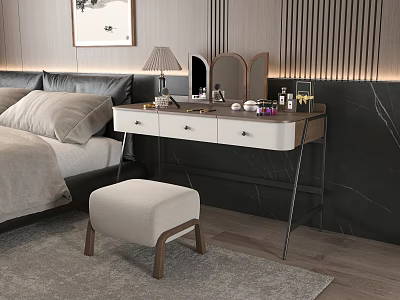 Modern Bedroom Dressing Table with Mirror Lamp Cosmetics White Countertop Black Frame and Beige Stool 3d model