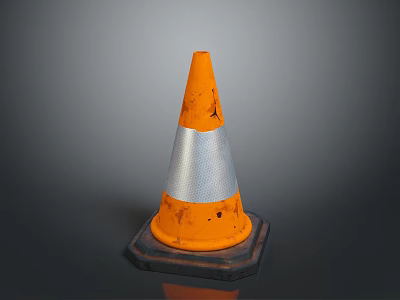 Worn Construction Building Site Traffic Cone With Orange Body Silver Reflective Stripes And Black Base 3d model
