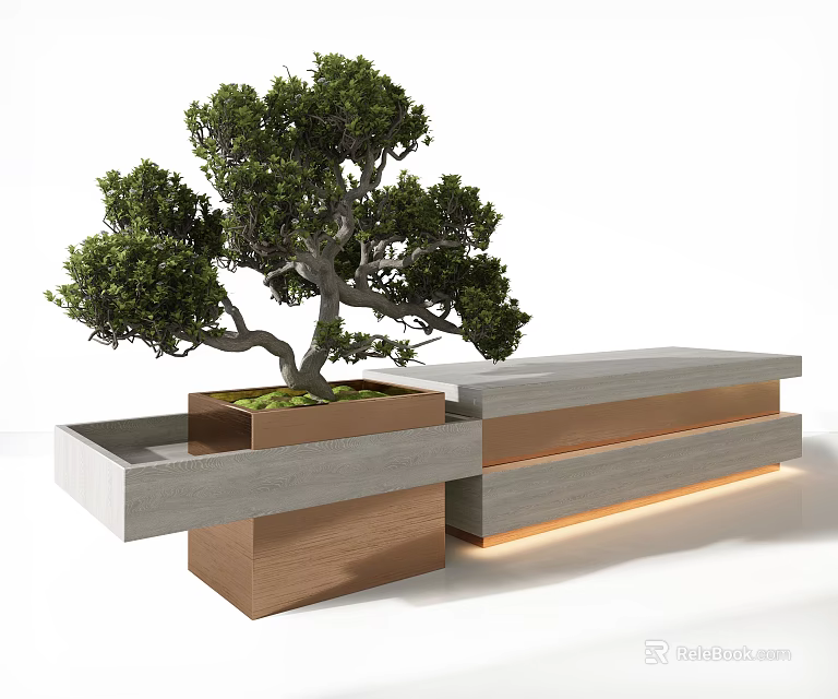 Modern Layered Reception Desk Design With Copper Stone Bonsai Tree And Lighting 3d model 
