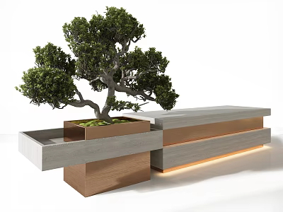 Modern Layered Reception Desk Design With Copper Stone Bonsai Tree And Lighting 3d model