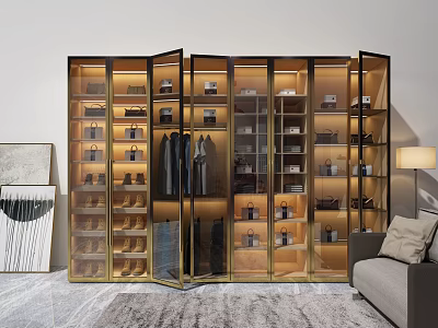 Modern Glass Door Wardrobe With Gold Frame And Multiple Storage Compartments 3d model