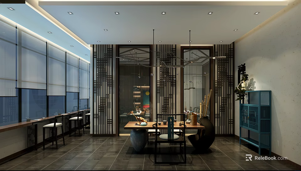 Traditional Tea House Interior Featuring Wooden Tables Chinese Screens and Hanging Lamps 3d model 