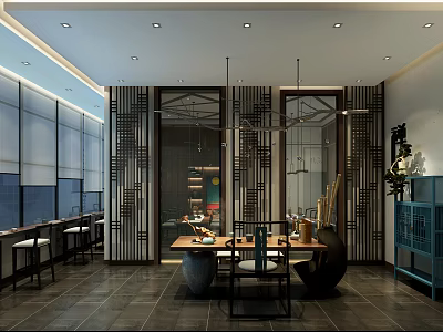 Traditional Tea House Interior Featuring Wooden Tables Chinese Screens and Hanging Lamps 3d model