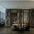 Traditional Tea House Interior Featuring Wooden Tables Chinese Screens and Hanging Lamps