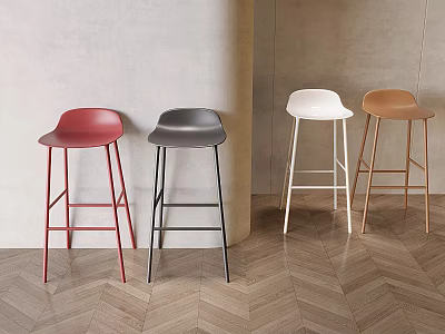 Modern Bar Stools In Red Gray White And Brown With Light Wall And Wooden Floor 3d model