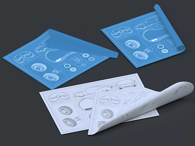 Technical Design Drawings Book Featuring Mechanical Sketches Component Diagrams and Rolled Flat Sheets 3d model