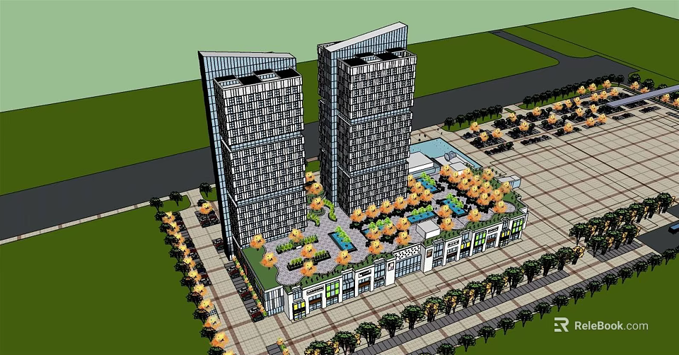 Modern Twin Office Building Towers With Plaza Umbrella Shades And Landscaped Area 3d model 