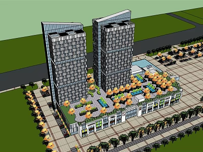 Modern Twin Office Building Towers With Plaza Umbrella Shades And Landscaped Area 3d model