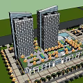 Modern Twin Office Building Towers With Plaza Umbrella Shades And Landscaped Area