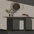 Modern Elegant Console Table With Marble Top Green Plant In Vase And Round Wall Mirror