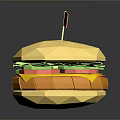 Low Poly Style Hamburger With Small Red Flag And Reflection On Dark Background