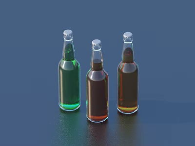 Three Different Colored Wine Bottles and Glasses on Dark Blue Glossy Surface 3d model