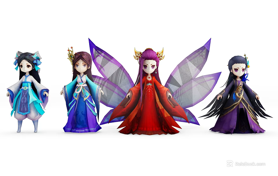Game And Movie Female Fantasy Characters With Elegant Chinese Style Costumes And Colorful Wings 3d model 