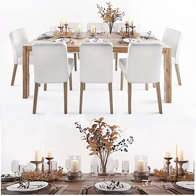 Wooden Dining Table Set With White Chairs Candles Vase And Tableware 3d model 