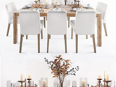 Wooden Dining Table Set With White Chairs Candles Vase And Tableware 3d model