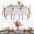 Wooden Dining Table Set With White Chairs Candles Vase And Tableware 3d model
