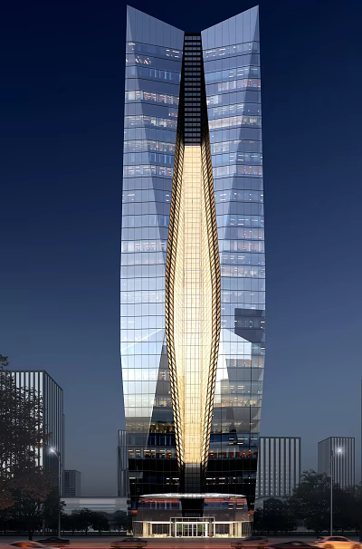 Modern Hotel Skyscraper With Glass Curtain Wall And Illuminated Exterior Design 3d model