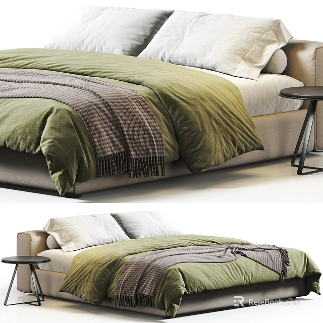 Cozy Bedroom Bed Design With Green Comforter White Pillows And Plaid Blanket 3d model 