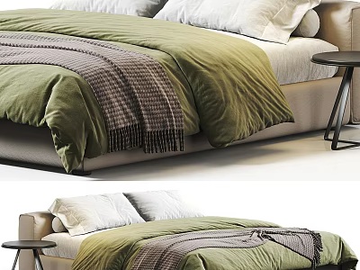 Cozy Bedroom Bed Design With Green Comforter White Pillows And Plaid Blanket 3d model