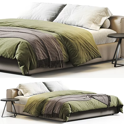 Cozy Bedroom Bed Design With Green Comforter White Pillows And Plaid Blanket 3d model