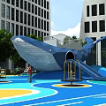 Outdoor Playground Equipment Featuring Whale Shaped Slide Blue Floor Trees And Buildings