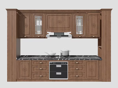 Traditional Wooden Kitchen Cabinets With Glass Doors Oven And Marble Countertop 3d model