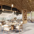 Traditional Wooden Restaurant Interior With Round Tables And Hanging Lanterns