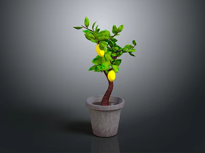 Vibrant Lemon Tree with Green Leaves and Yellow Lemons in Gray Pot 3d model