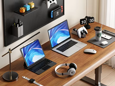 Two Laptops On Wooden Desk With Headphones Mouse Game Controller And Desk Lamp 3d model