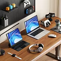 Two Laptops On Wooden Desk With Headphones Mouse Game Controller And Desk Lamp