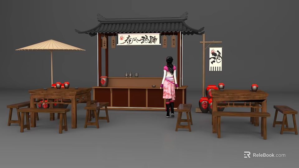 Chinese Style Photo Spot With Traditional Stall Red Pottery Jars And Oil Paper Umbrella 3d model 