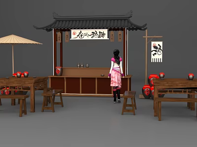 Chinese Style Photo Spot With Traditional Stall Red Pottery Jars And Oil Paper Umbrella 3d model