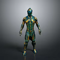Futuristic Humanoid Character In Teal And Gold Bio Mechanical Armor With Detailed Patterns