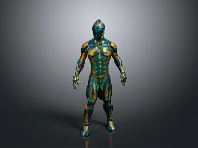 Futuristic Humanoid Character In Teal And Gold Bio Mechanical Armor With Detailed Patterns 3d model