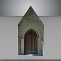 Gothic Style Stone Entrance Structure With Pointed Roof And Arched Wooden Door