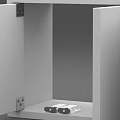 White Storage Cabinets With Open Doors And Internal Metal Hardware Plus Side Connectors