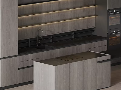 Modern Kitchen Interior With Gray Wooden Cabinets Island Countertop And Lighting 3d model