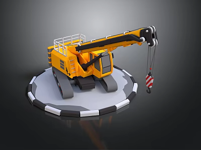 Yellow Tracked Construction Crane Equipment With Extended Arm And Hook On Circular Platform 3d model