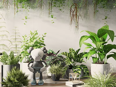 Indoor Bonsai Potted Plants With Green Foliage Hanging Vines And Decor Items 3d model