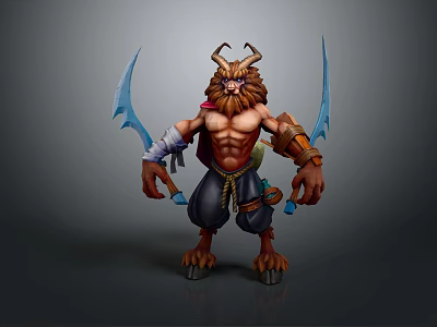 Game Fantasy Warrior Character Horned Muscular Build With Blue Scimitars And Beard 3d model