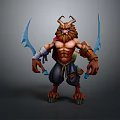 Game Fantasy Warrior Character Horned Muscular Build With Blue Scimitars And Beard