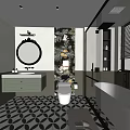 Modern Bathroom Interior With Floral Patterned Wall Vanity Mirror Bathtub Shower And Patterned Floor Tiles