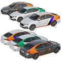 Modern Multi Colored Sedan Cars With Orange Blue Green Stripes And Brand Logos On Body