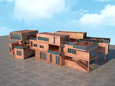 Modern Office Building With Wooden Structure Multiple Cubes Large Windows And Terraces 3d model