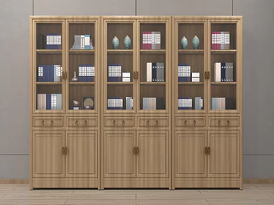 Modern Wooden Bookcase With Glass Doors And Books Decorative Items Inside 3d model