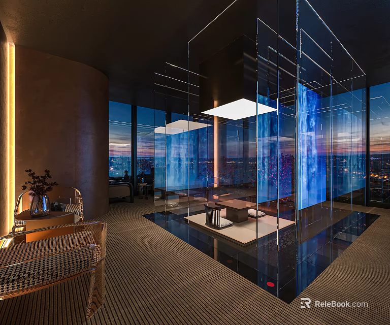 Modern Clubhouse Interior Design With Glass Partitions Lighting Fixtures And City Skyline View 3d model 