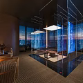 Modern Clubhouse Interior Design With Glass Partitions Lighting Fixtures And City Skyline View
